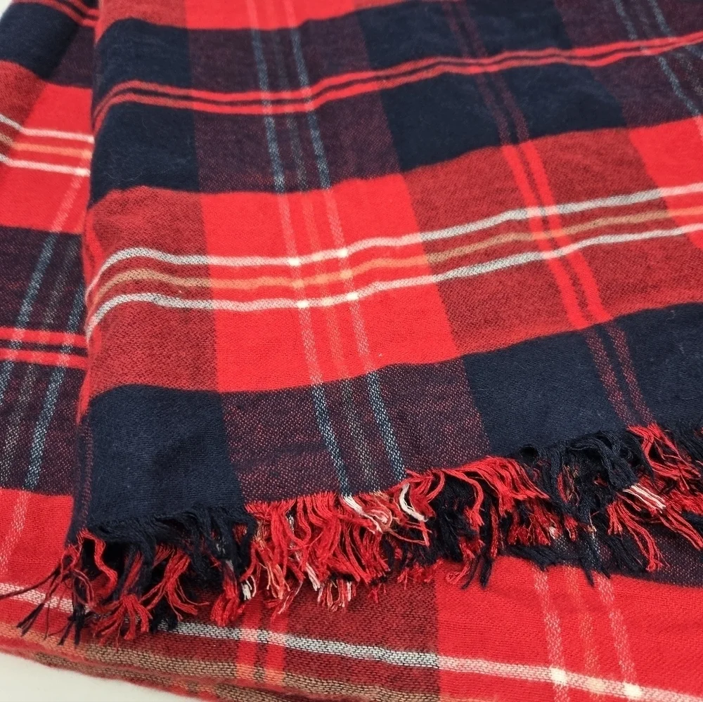 LOFT OVERSIZE RED & BLUE PLAID BLANKET SCARF SHAWL WRAP COTTON BLEND WOMEN OS